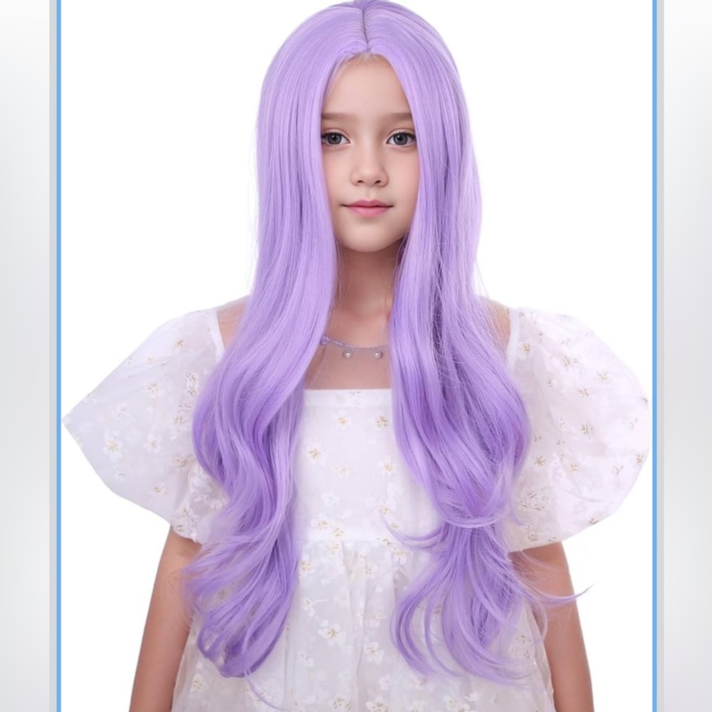 Kids Lavender Purple Wig Child Long Light Purple Wavy Curly Wig Middle Part